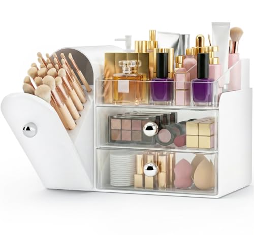 Image of Makeup Organizer,Vanity Organizer with Makeup Brush Holder,Large Skincare Organizers with Drawers,Bathroom Countertop Organizer,Storage Lipstick,Perfume,Nail Polish,Beauty,Gifts for Woman