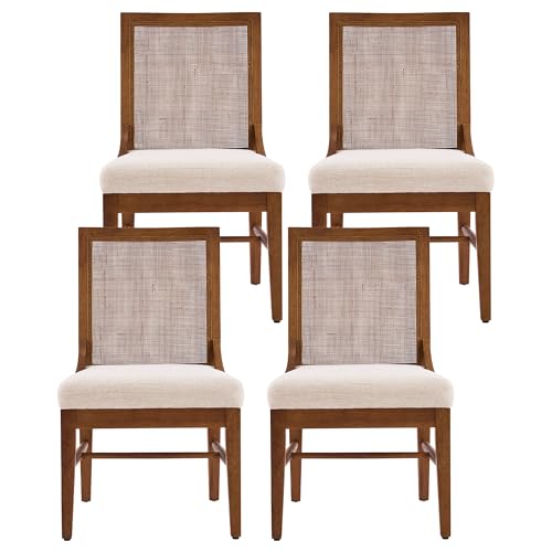 Christopher Knight Home Upholstered Dining Chairs Set of 4 with Rattan Cane Back, Natural Rubber Wood Frame, Beige Fabric Seat, Modern Farmhouse Kitchen Dining Chairs, Walnut by Christopher Knight Home - Used condition - Image 3