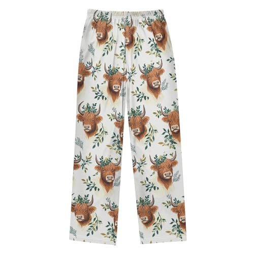 Highland Cow Leaves Pajama Pants Soft Sleep Bottoms Long Pjs S2