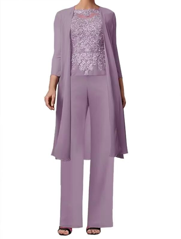 3 Piece Mother of Bride Pant Suits with Jacket Lace Appliques Chiffon Wedding Guest Dresses Formal Evening Gowns