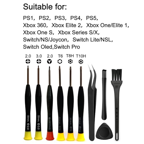Image of Cleaning Repair Tool Kit for Playstation PS Xbox Switch Controller and Console, Crossed Screwdriver PH00(+2.0) PH0(+3.0) and Y2.0, Torx Security Screwdriver Set T6 T8H T10H, Tweezer,Crowbar(Kit-10pcs)
