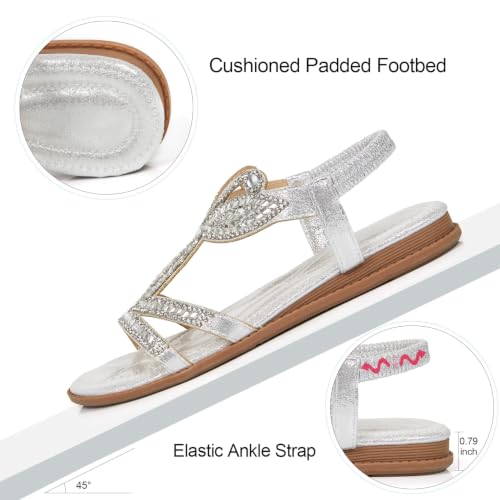 Image of iCKER Womens Rhinestone Strappy Flat Sandals Elastic Ankle Strap Open‑Toe | Sparkling,for wedding,party,evening dates,special occasion,Vacation,Formal