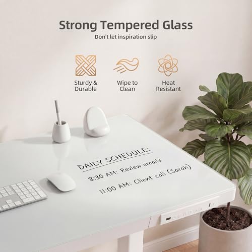 Image of INNOVAR Glass Standing Desk with Drawers & USB Ports,55 inch Whole-Piece Glass Top Adjustable Height Desks, Quick-Install Electric Sit-Stand Up Desk for Home Office & Computer Workstation, White