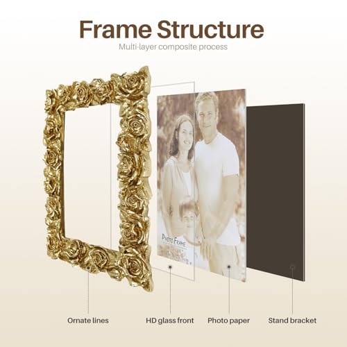 8x10 Picture Frame Vintage, Gold Ornate Rose Flower Resin Photo Frame with Glass Front for Tabletop, Antique Picture Frames for Home Decor