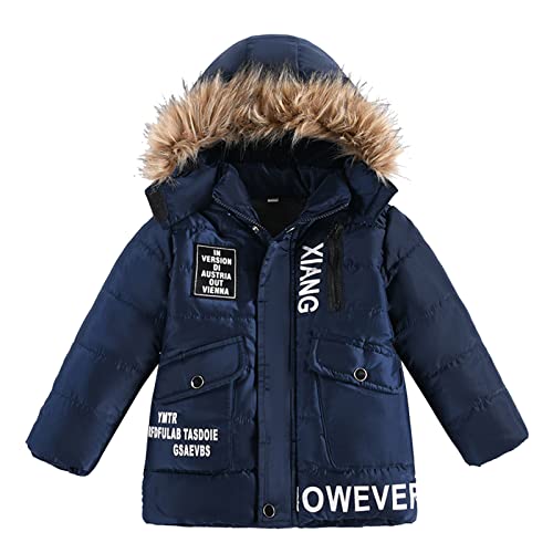 Toddler Boys Down Jacket Fleece Collar Zip Hood Thick Warm Winter Snowsuit Coat Par-ka Outwear with Pockets