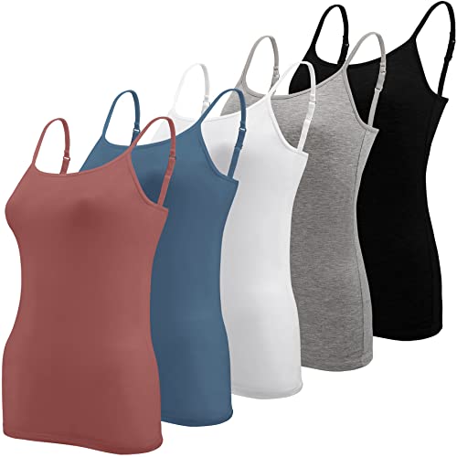 BQTQ 5 Piezas Camisetas Tirantes Mujer Camisola Básica Camisola de Tirante Spaghetti Ajustable Camiseta sin Mangas para Mujer, Negro, Blanco, Gris, Azul Azur, Rojo India, M
