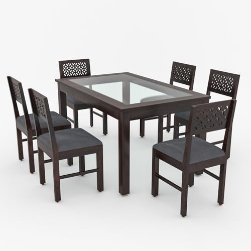 Image of Solid Sheesham Wood Dining Glass Top Table Set of 6| Wooden 6 Seater Dining Table with 6 Chairs with Cushion|Wood Dining Table & Chairs for Home, Restaurant, Cafe,Dining Room|Walnut Finish