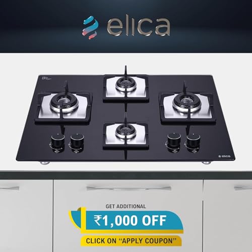 Image of Elica Hob 4 Burner Auto Ignition Built-In Hob or Hobtop| Sabaf Italian Burners | Toughened Glass Top | 5 Yrs Warranty on Glass & Valves | 2 Yrs Comprehensive | Flexi EC 470 Dx Lotus Bk