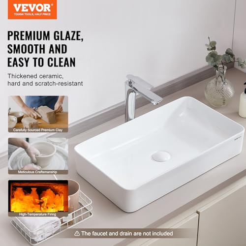 VEVOR Rechteckiges Aufsatzwaschbecken, 61 x 35 cm, Badezimmer-Aufsatzwaschbecken, weißes Keramik-Waschbecken über der Theke, moderner Stil, hell und elegant, gut verpackt für Badezimmer, Hotel