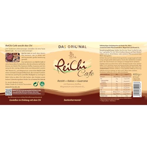 ReiChi Cafe 400 g | exotischer Kaffee-Genuss | Reishi-Pilz, Ginseng & Kokos | Koffein aus Guarana und Kaffee | Magnesium + B12 | Nerven, weniger Müdigkeit** | vegan, ohne Zusatzstoffe