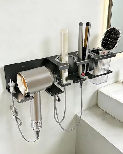 AmoreTempo Fönhalter ohne Bohren, Upgrade 4-in-1 Föhnhalterung mit 2 Glätteisen Halterung & Aufbewahrungsbox – Selbstklebende Haartrocknerhalterung für Dyson, Philips, Braun mit Bad, Schlafzimmer