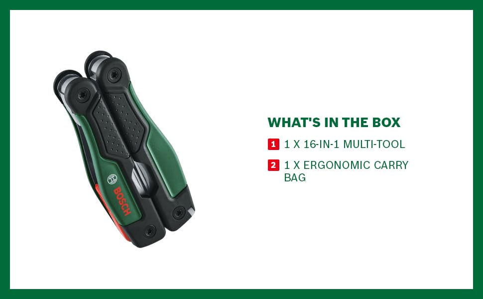 Bosch 16'sı 1 arada çok amaçlı alet saklama çantalı, paslanmaz çelik, 158 x 68 x 25 mm