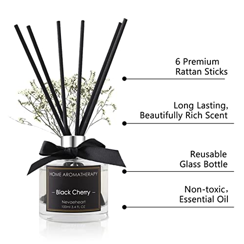 Nevaeheart Premium Reed Diffuser Set | Black Cherry Scented Sticks Diffuser | Reed Diffuser For Bedroom Bathroom Living Room | Oil Diffuser & Diffuser Sticks | Beautiful Home Décor Makes A Great Gift #TOP1