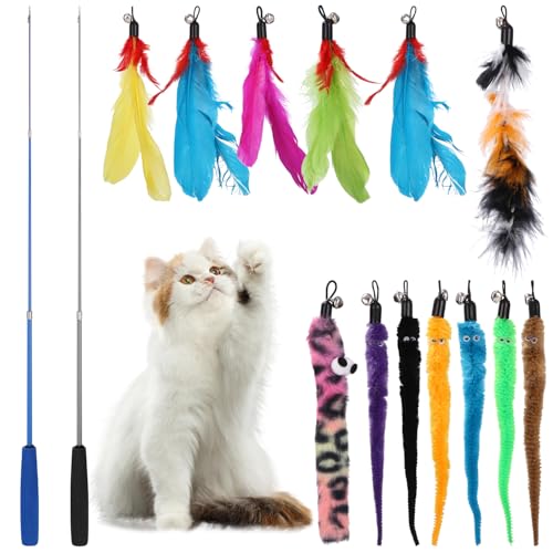 Zhufas Katzenspielzeug 15 Stück, Katzenangel mit 2 Stück Versenkbare, 5 Katzen Spielzeug Ersatzfedern, Interaktives Katzenspielzeug Set
