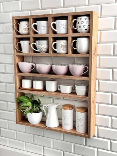 Image of Hamdan Collection Wall Mounted Mug Shelf - Coffee Cup Storage - Kitchen Wall Rack - Floating Cup Organizer - Rustic Coffee Bar Shelf (11 Com)