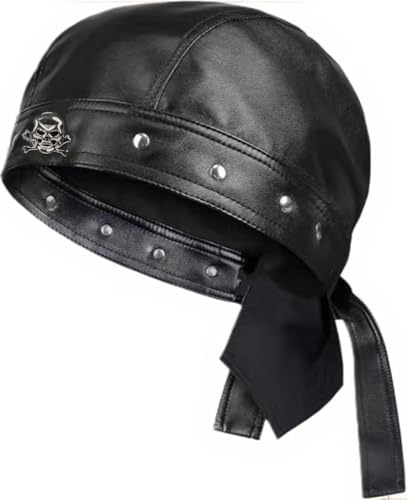 Leather Skull Hat - Strappy Black Rider Skull Hat Motorcycle Leather Hat Suitable for Everyday Wear and Street Style