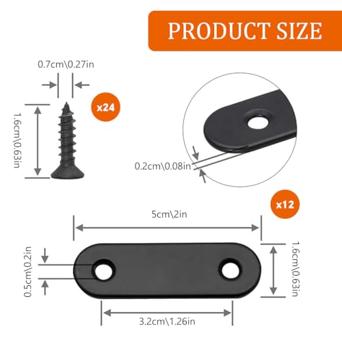 Image of Serplex 12Pcs Flat Plate Straight Brackets with Screws, Flat Brace Bracket Stainless Steel Mending Joining Plates for Wood, Board, Bed Frame, Furniture & Shelves, 50mm, Black