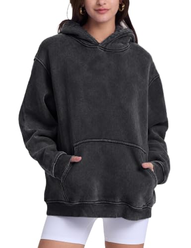 Image of FAIABLE Womens Oversized Acid Wash Hoodie Unisex Heavyweight Fleece Cotton Hoodies Vintage Washed Sweatshirt for Women