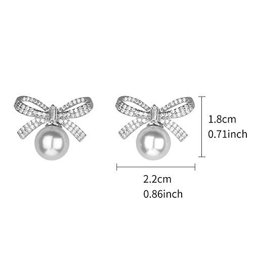 Nicole Miller Silver Ribbon Bow Crystal Rhinestones White Pearl Stud Earrings #TOP2