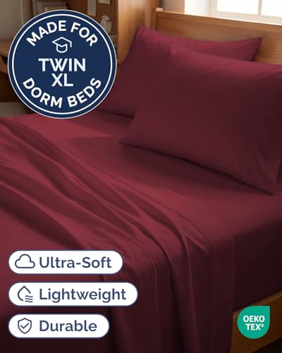 Image of Twin XL 4 Piece Sheet Set - College Dorm Room Essentials - Burgundy | Ultra Soft Dorm Bedding Set, 8 inch to 16 inch Inch Deep Pockets, 1 Flat & 1 Fitted Sheet & 2 Pillowcases, Wrinkle & Fade Free
