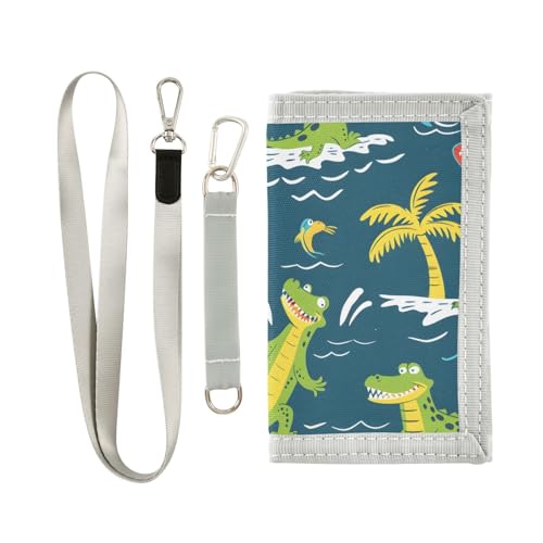 zyrtty Kids Wallets for Boys Girls Ages 4-18 Trifold, Crocodile Surfer Palm Trees Navy Wallet with Zippered Coin Pocket and Card Holders, Novelty Wallet for Childrens Birthday Gifts