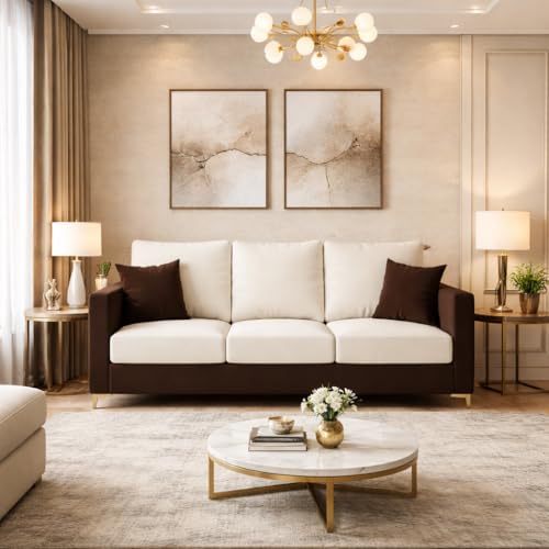 Image of Hayes Dual Tone Rich Velvet Suede 3 Seater Sofa | Golden Aesthetic Legs | Spacious Soft Touch Comfort Seating | Modern Sofa for Living Room (Dark Brown & Cream)