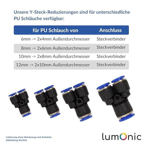 Conector neumático Lumonic de 10mm a 2x8mm con unión push-in para sistemas de aire 4