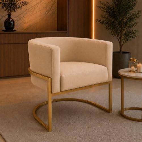 Poltrona Suede Base Dourada Decorativa Sala (Bege)