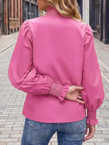 Tankaneo Womens Puff Long Sleeve Blouses Dressy Casual Smocked V Neck Tops | Leopard printed trim, Trendy, Coffee, Dinner, Event, Loose fit, Flowy, Pleated design, Tunic top — view 5