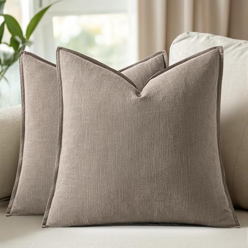 Image of Decorative Linen Solid Throw Pillow Covers 18x18 Inch Set of 2 Brown Tan Boho Accent Farmhouse Pillows Modern Neutral Home Decor for Couch Sofa Living Room Bed