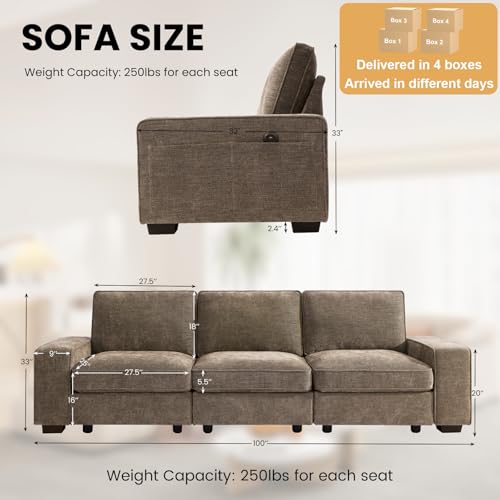 Image of TEKAMON 100 inch Modular Sofa with Seats Storage, Comfy 3-Seater Chenille Fabric Couch for Living Room, Office, Apart W /Deep Seat, USB Charging, Upholstered Couch with Removable Cover(Brown)