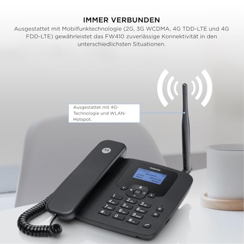 Motorola Voice – FW410L 4G kabelloses Festnetztelefon, WLAN-Hotspot, SIM-Karte, Batterie-Backup, Freisprecheinrichtung, GSM-Quadband, Anrufweiterleitung