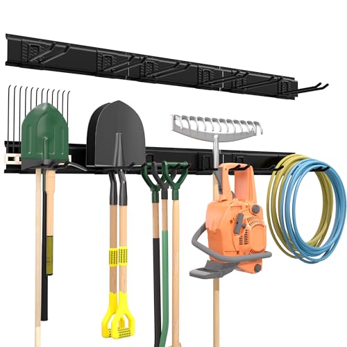 Urban Deco Heavy Duty Garden Tool Rack - 48 Inch, Wall Mounted Garage Tool Organiser with 3 Rails& 6 Adjustable Hooks, Holds Up to 200Kg for Garden Tools, Broom, Trimmers, Shovel, Hoses, Chairs