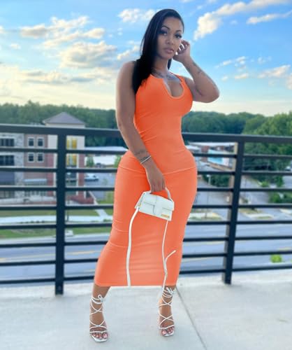 Image of Nimsruc Women Casual Sexy Deep U Neck Tank Top Bodycon Dress Summer Sleeveless Wrap Long Basic Party Club Maxi Dresses