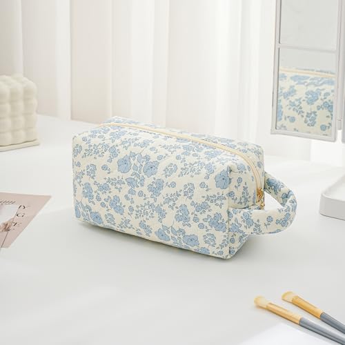 Gleyemor Cute Small Quilted Makeup Bag for Women, Floral Cotton Cosmetic Bag, Toiletry Pouch Travel Essentials Christmas Gifts (Blue Floral)3