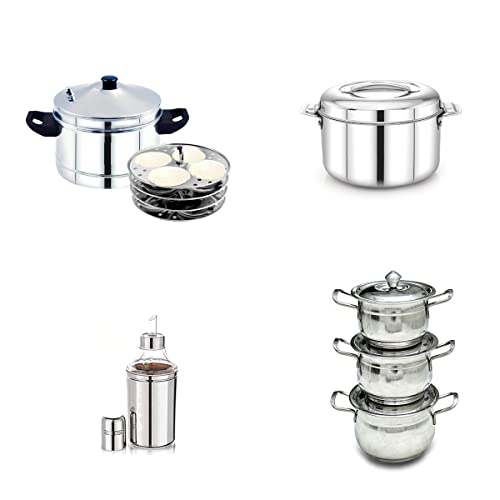 FUTENSILS Gift Set Stainless Steel Hot Serve Double Wall Insulated Hot Pot 2L,Serving 3 Piece Set, idly Maker 4 Plate(16 Idlies) and 750ml Oil Dispenser, Combo -5