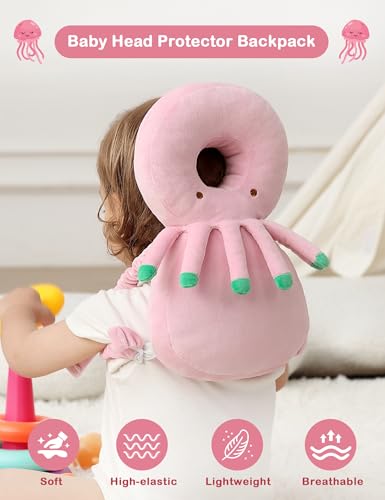 Image of JunNeng Baby Head Protector Backpack for Walking Crawling Pink Octopus | Soft, Breathable, Adjustable, Baby Fall Back Head Protector for Falling