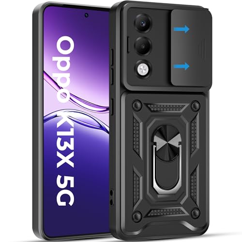 Image of A rtistque Armor Bumper Back Case Cover for Oppo K13x 5G | Stylish Ring Holder & Inbuilt Stand | Sliding Camera Cover | Shockproof TPU Protective Design | Oppo K13x 5g Back Cover - Black
