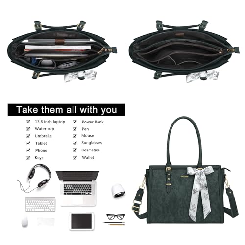 Image of MOSISO Laptop Bag for Women, PU Leather Tote Bag, Front Embossed Retro Hibiscus Computer Bags with Silk Scarf&Clutch Purse