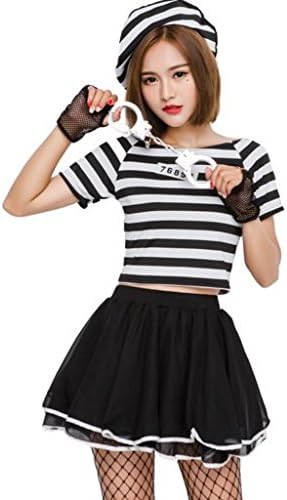ハロウィン 仮装 コスプレ 囚人 コスチューム 囚人服/セクシーポリス/婦人警察/ポリス コスプレ/コスプレ ハロウィン ポリス/ハロウィン ポリス/ミニスカート セクシー/ゾンビ 衣装/白黒ボーダー柄レディース 大人 (M)