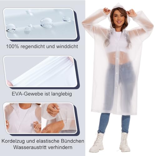 2 Stück Regenponcho Damen Herren,Wasserdicht Transparent Regenjacke Regencape mit Tunnelzug Kapuze Eva Travel Faltbar Regen Poncho Regenmantel für Wandern Radfahren Camping Festival und Reisen