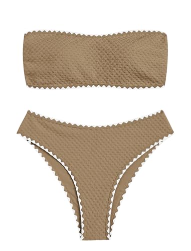 Image of ZAFUL Women's High Cut Bandeau Bikini Set Strapless Solid Color 2 Pieces Bathing Suit Swimsuit