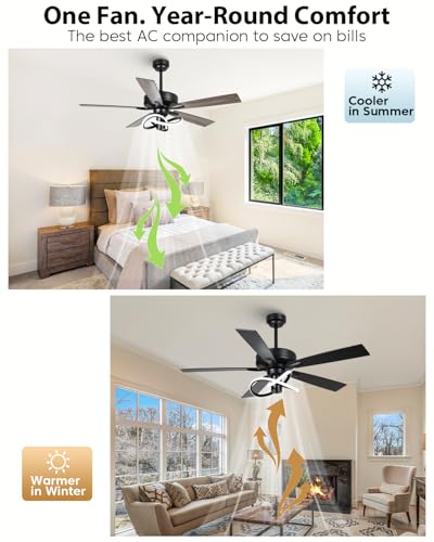 Image of 52 Inch Ceiling Fans with Lights and Remote - Creative Black Modern Ceiling Fan, 3CCT, 6 Speeds, Quiet, Dual-Sided Reversible 5 Blades Indoor Outdoor Chandelier Fan for Bedroom Living Room