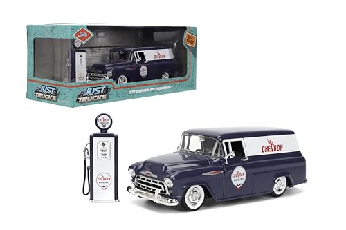 Jada Toys Just Trucks 1:24 1957 Chevy Suburban Chevron Die-cast Car & Gas Pump – Opening Doors, Hood, Trunk, Rubber Tires(Purple)