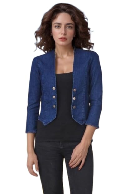 wingzss women's denim cropped jacket with 3/4 sleeves, dark blue, button front