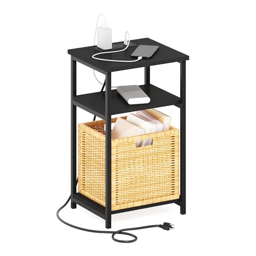 Furinno Moretti Side Table, 3-Tier Modern End Table with Charging Station, Metal Frame Night Stand, Bedside Table with U