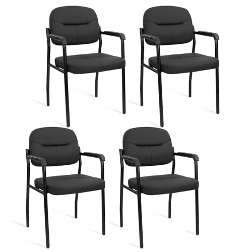 CLATINA Leathert Reception Chair No Wheels Set of 4, Office Guest Chairs with Padded Armrests and Lumber Support, Ergonomic Arm Chair for Meeting Waiting Conference Lobby Room Shool Study, Black