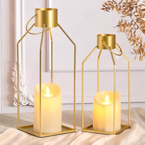 NITIME 2PCS 12/15'' Gold Metal Lanterns Decorative(No Glass)-Gold Metal Candle Lanterns Decorative Outdoor with 2PCS Flickering LED Candles for Front Porch Decor, Mantle Decorations, and Home Decor Cover