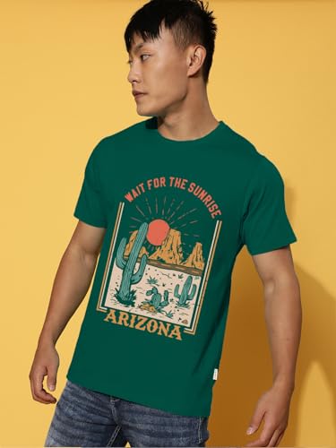 Image of Veirdo Regular Fit Half Sleeves Round Neck Arizona Typographic Printed Pure Cotton T-Shirt for Men (Colors: Green & Navy)
