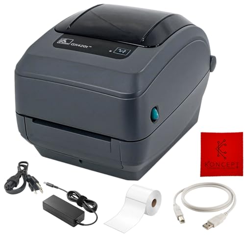 GX420T Zebra Direct Thermal Label Printer Bundle with 24V AC Adapter, USB 2.0 Cable, 4x6 Label Roll & Microfiber Cleaning Cloth- Ethernet Connectivity (Renewed)